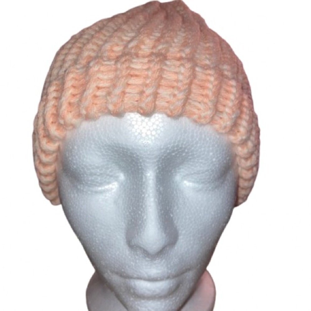 Handmade cozy knit beanie in peach & white for adults